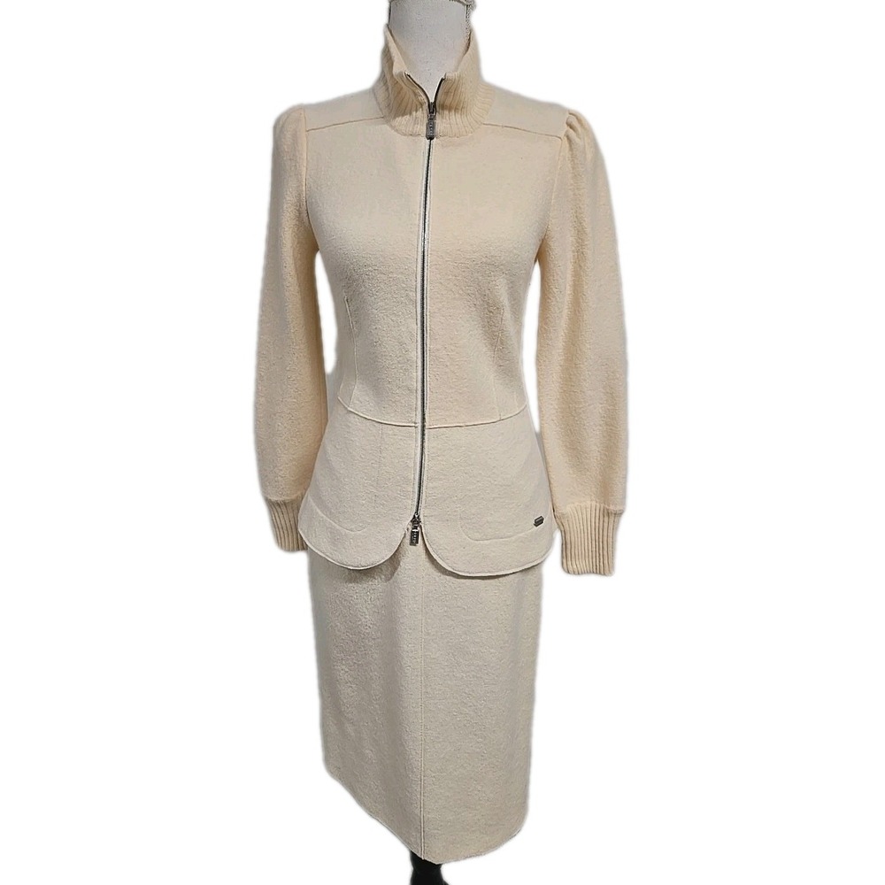 Geiger Blazer Peplum & Skirt Set Pure New Wool Beige Vintage Size 34/Small EUC